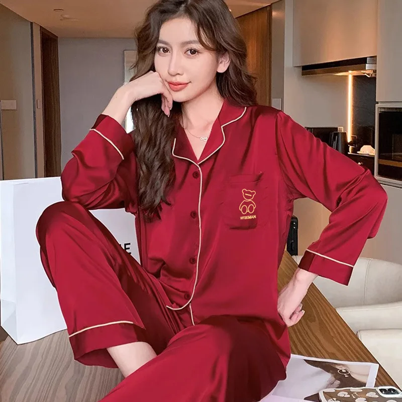 Spring Autumn Women Pajamas Fashion Women\'s New Red Zodiac Bear Print Pijamas Lapel Leisure Sleepwear Satin Silk Home Clothing