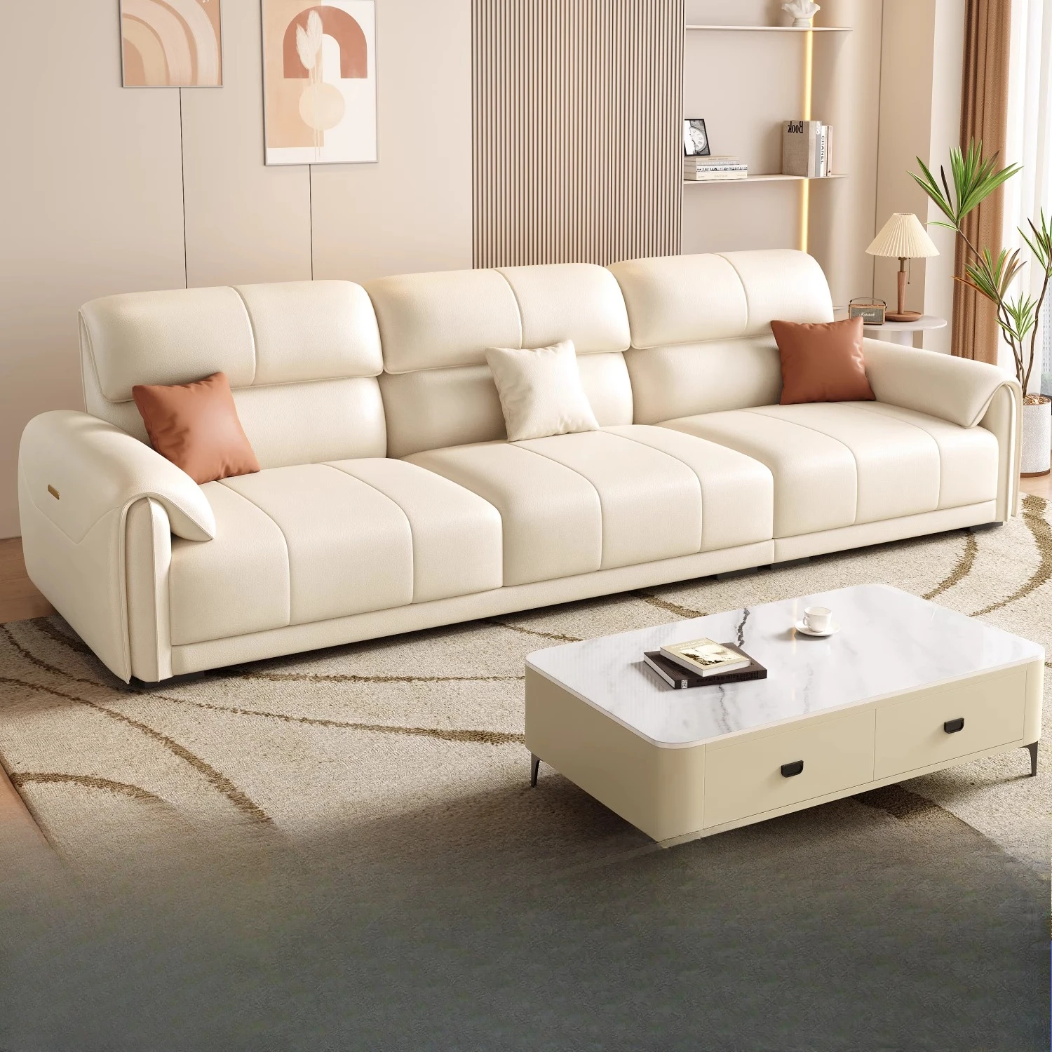 

Leather sofa living room 2025 new cream style modern simple light luxury first layer cowhide straight row sofa