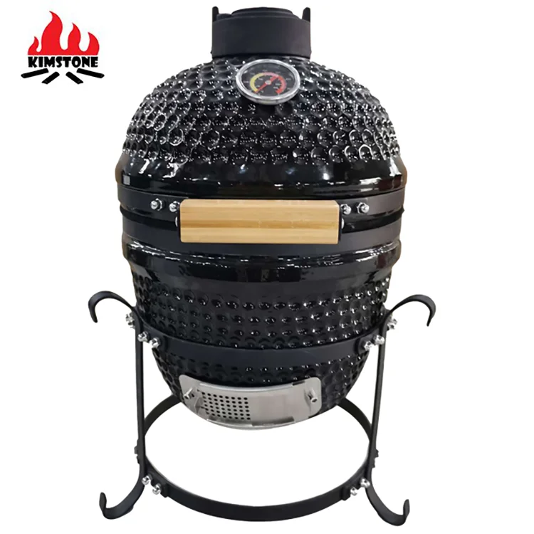 Kimstone 13inch Black Classic Pattern Ceramic Kamado Grill with Hinge System Portable Smokeless Party Ready Luxury Premium