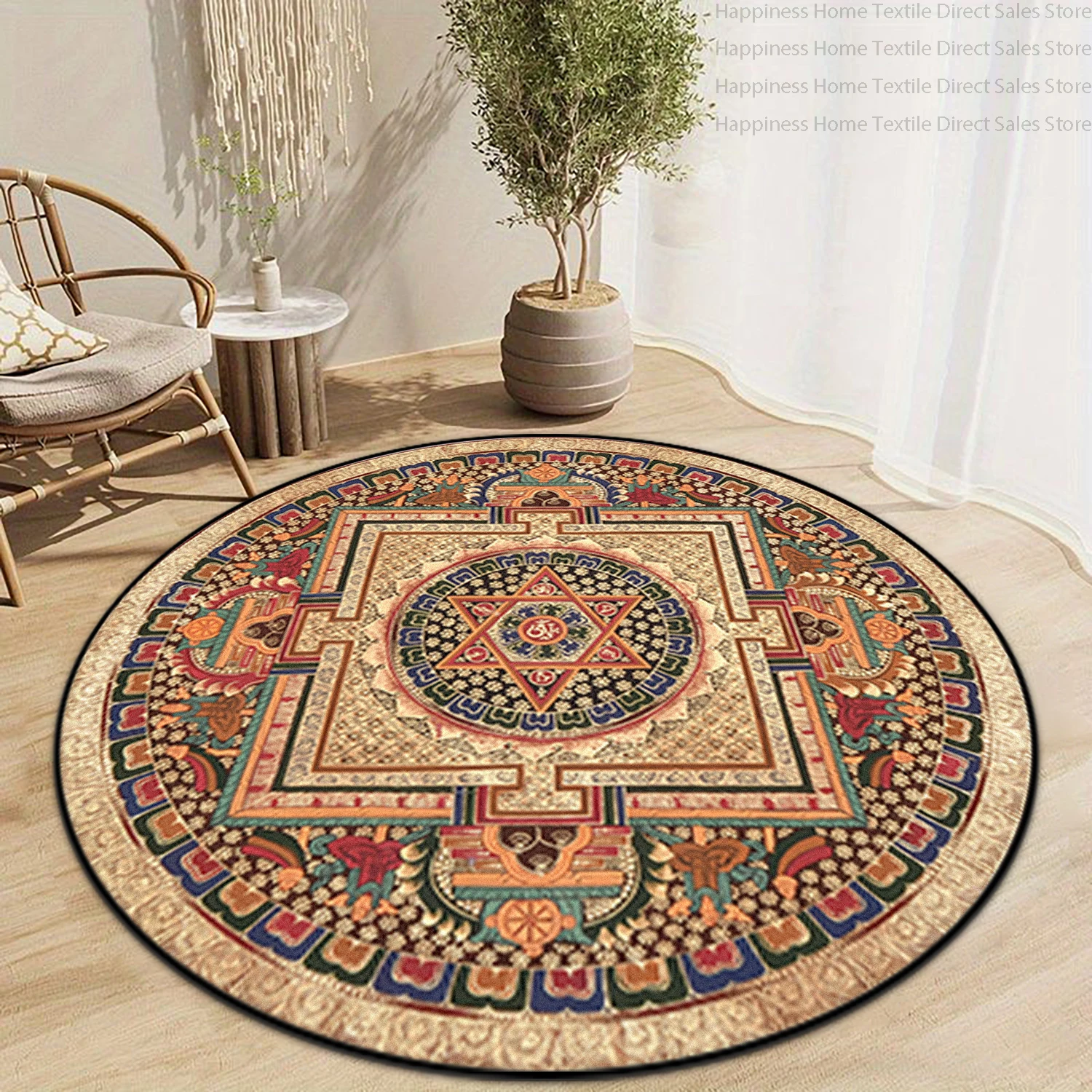 Bohemian Ethnic Style Living Room Round Rug Bedroom Non-slip Machine Washable Bedside Mat Soft Fluffy Decorative Home Carpet