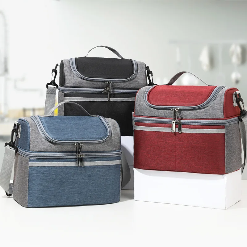 Double Layer Color Block Lunch Bag Thickened Aluminum Foil Large Capacity Fresh Ice Bag Portable