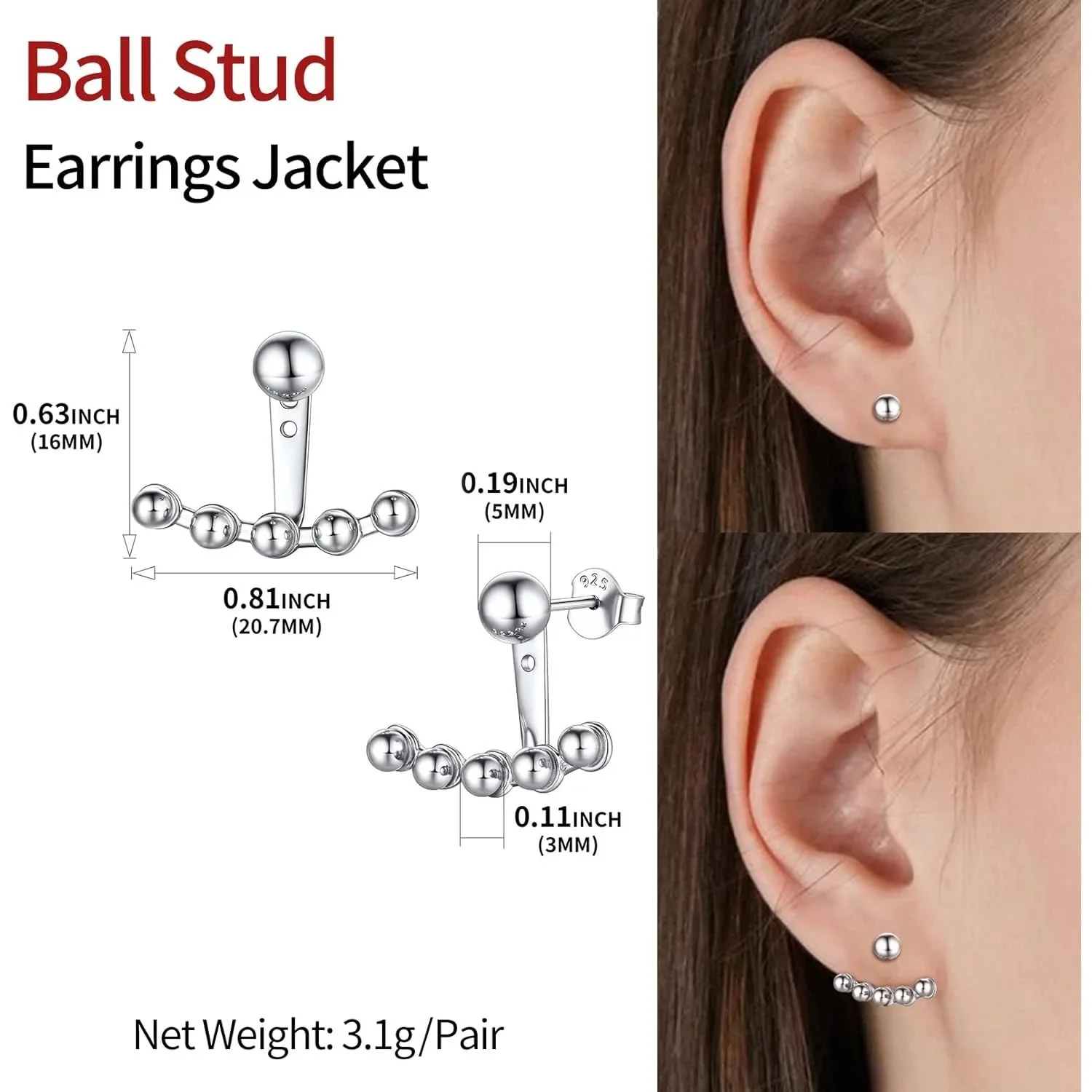 925 Sterling Silver Ear Jacket Earrings Minimalist Balls Stud Earrings for Women QC24