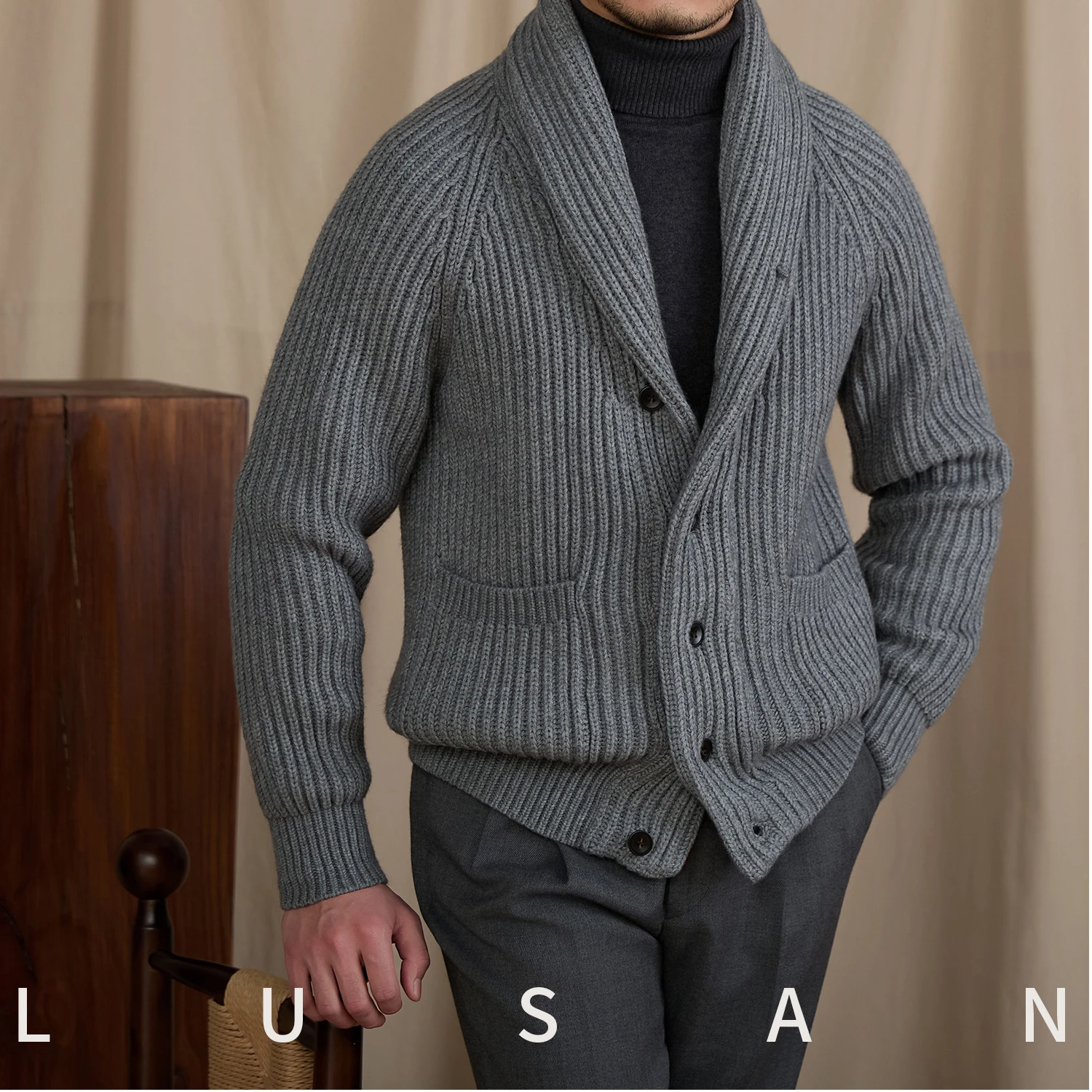Heavyweight Chunky-Knit Shawl-Collar Cardigan for Men 2026 Winter England Vintage Casual Warm Trendy Commuter Sweater Jacket