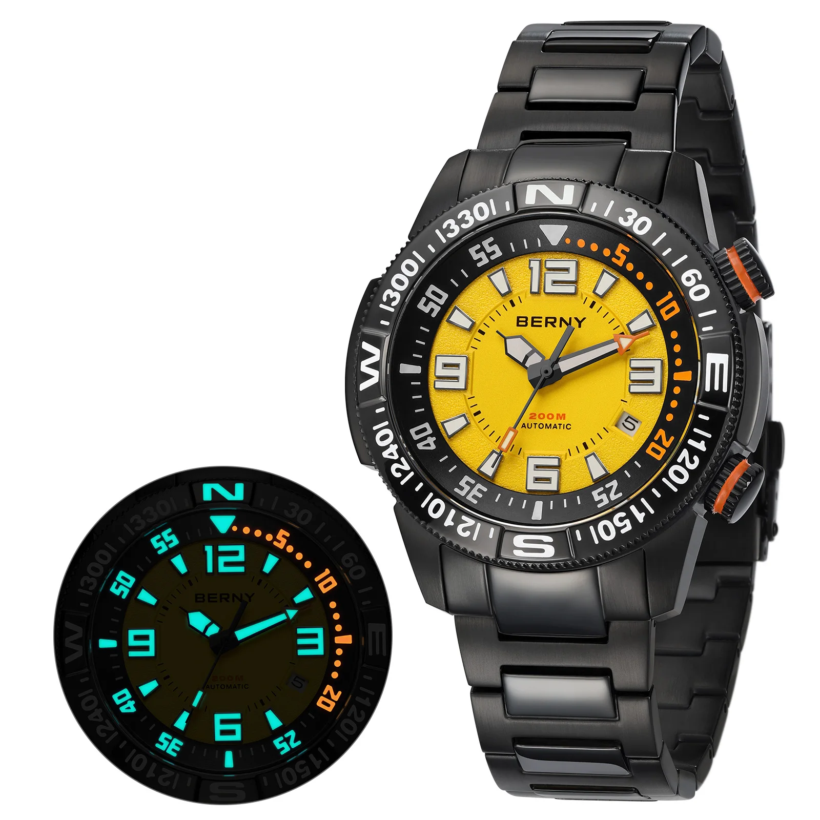 BERNY Automatische Taucheruhren für Herren, 20 ATM, superleuchtend, mechanische Herren-Taucheruhr, Voll-Saphirglas, Schwimm- und Taucharmbanduhr