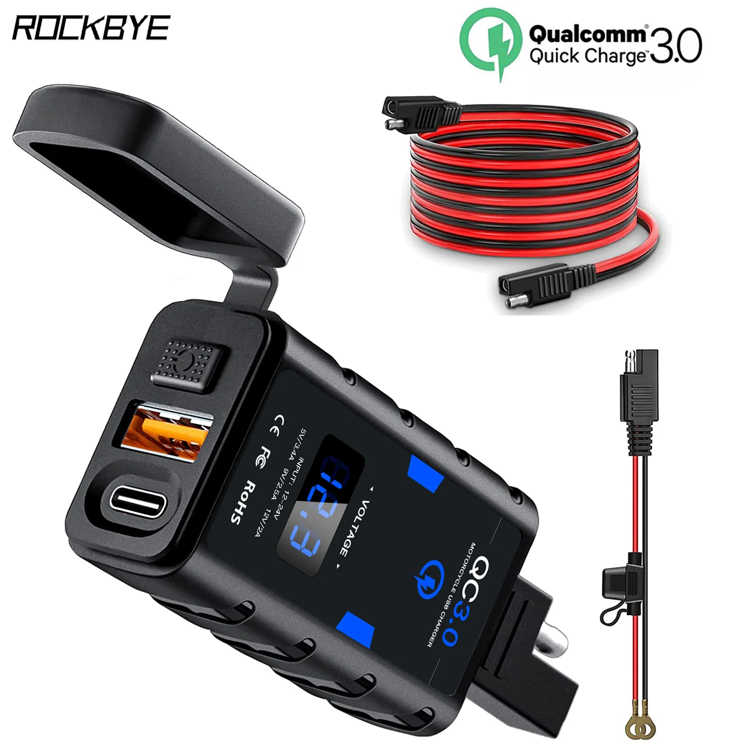 

Rockbye 6.8A QC3.0 Motorcycle USB Charger Waterproof 12V Fast Charger Adapter with Switch LED Voltmeter Digital Moto Accessories