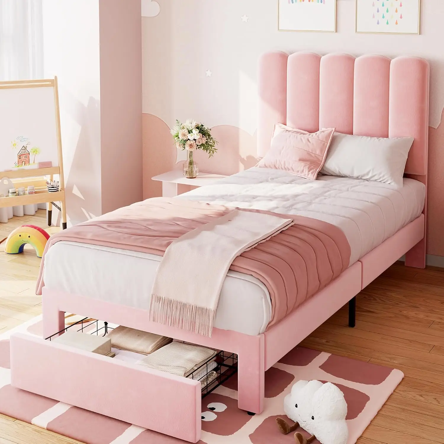 

Каркас двуспальной кровати розового бархата с ящиком для хранения и изголовьем, деревянными рейками, простая сборка