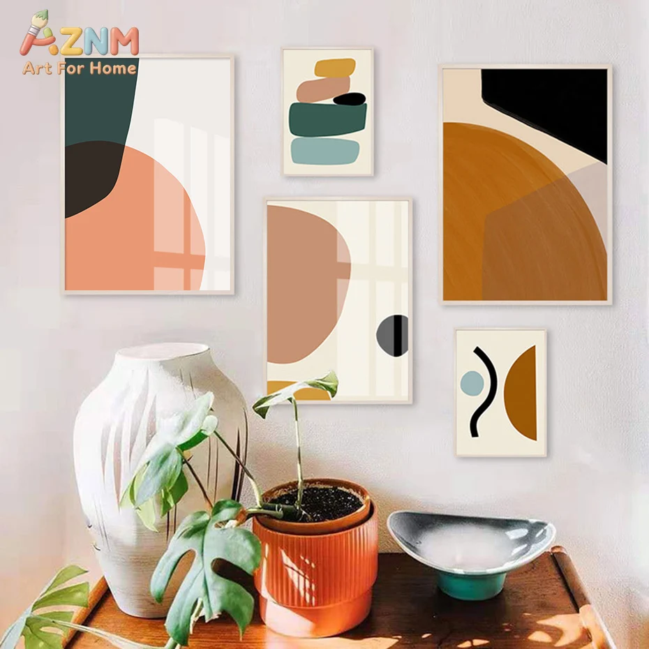 AZNM Boho Mid Century Modern Abstract Geometric Frameless Canvas Wall Art, Neutral Terracotta Shape Print for Living Room Decor
