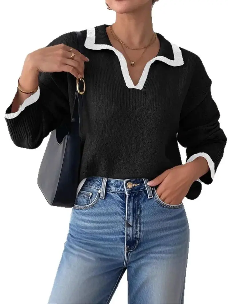 

Женская повседневная кофта с контрастными вставками и отложным воротником, модная, высокого качества, новая коллекция, осенняя коллекция