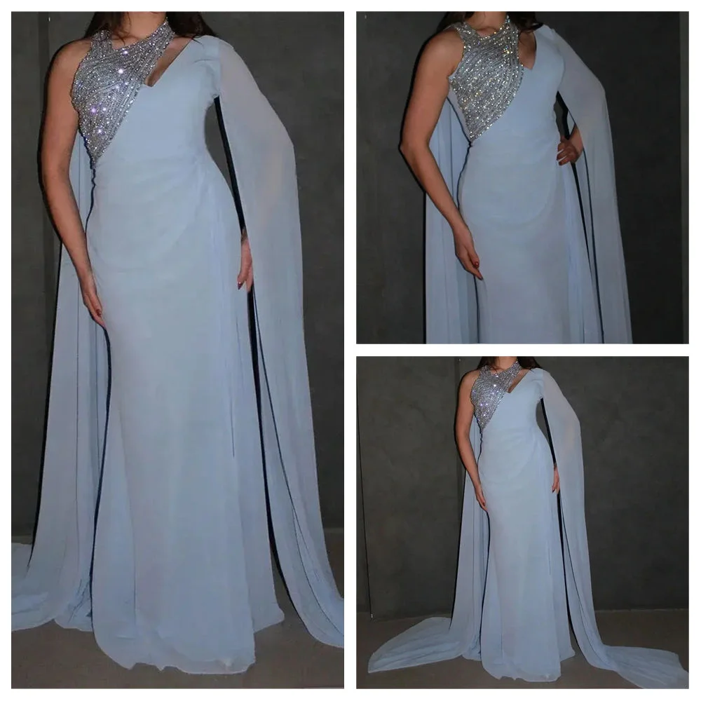 

Customized A-Line Prom Dresses Floor-Length V-Neck Sleeveless Evening Gown Fashion Sequined Simple Stole Draped Party Gown