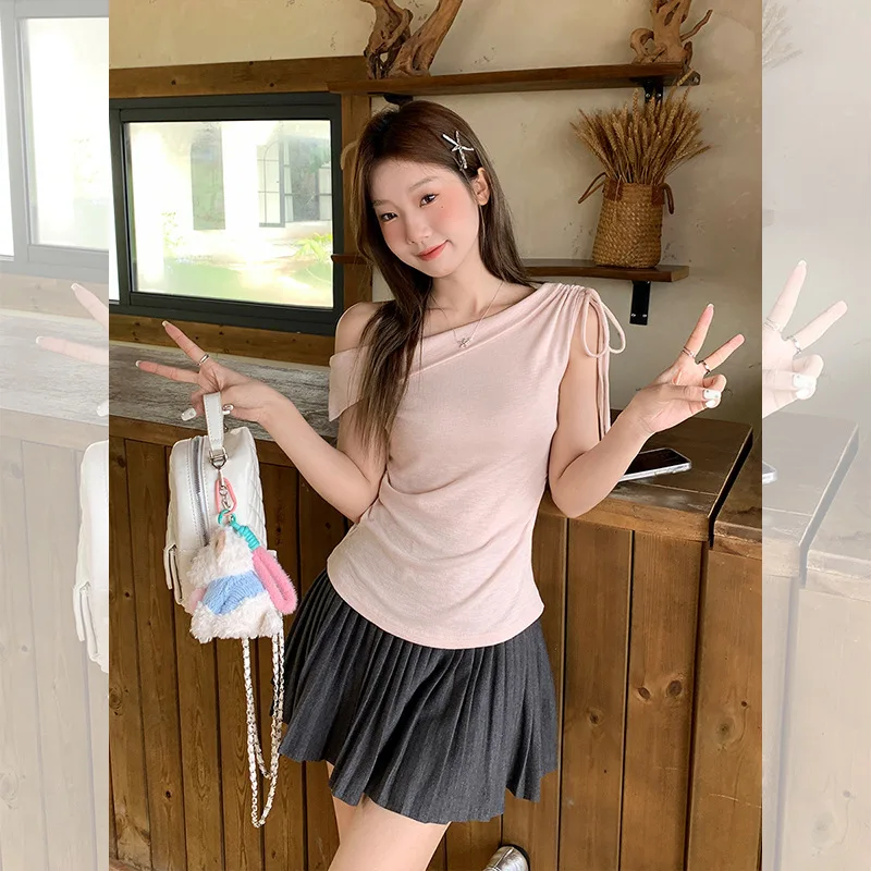 High-End Unique Swing Collar Off-Shoulder Ruched Slimming Short Sleeve T-Shirt for Women Summer Outfit Sleeveless Pure Desire