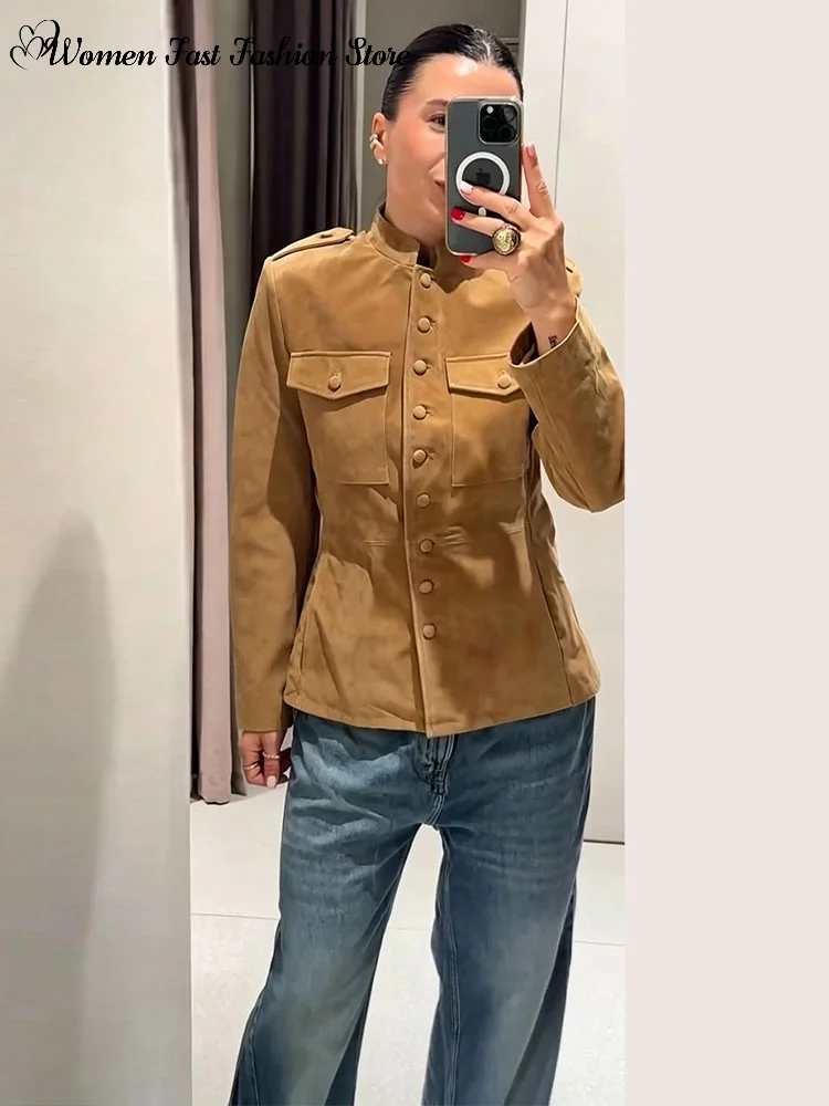 2026 Autumn Vintage Single-breasted Jackets Ladies Solid Color Stand Collar Pockets Full Sleeve Coat Women's Casual Outwear