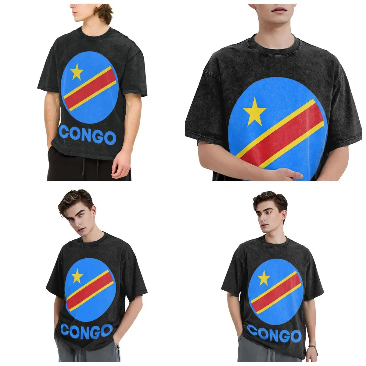 Streetwear T-Shirts Flag Of Congo Kinshasa Flag Of Zaire  Washed T Shirt Short Sleeve Hip Hop T-Shirt Tops Tees for Men Women