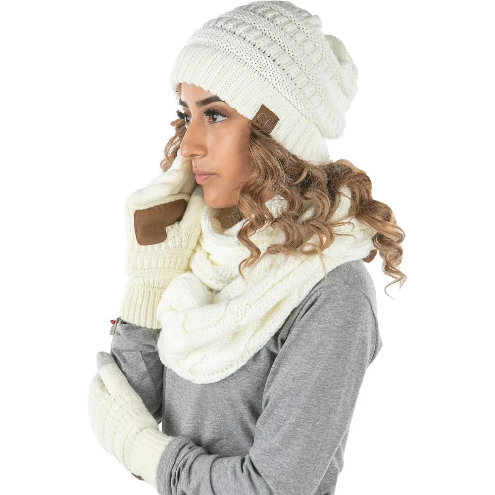 طقم قبعة ووشاح وقفازات شتوية متطابقة للنساء - قبعة صغيرة مضلعة، لفافة إنفينيتي، وقفازات مريحة للأيام الباردة #2
