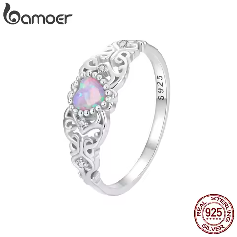 BAMOER 925 Sterling Silver Romantic Heart Shape Opal Finger Ring Vintage Vine Ring for Women Party Fine Jewelry