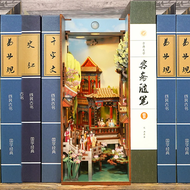 

DIY Book Nook Insert Shelf Kits Wooden Miniature Building Kit The Dream of Red Mansions Bookend Bookshelf Home Decoration Gifts