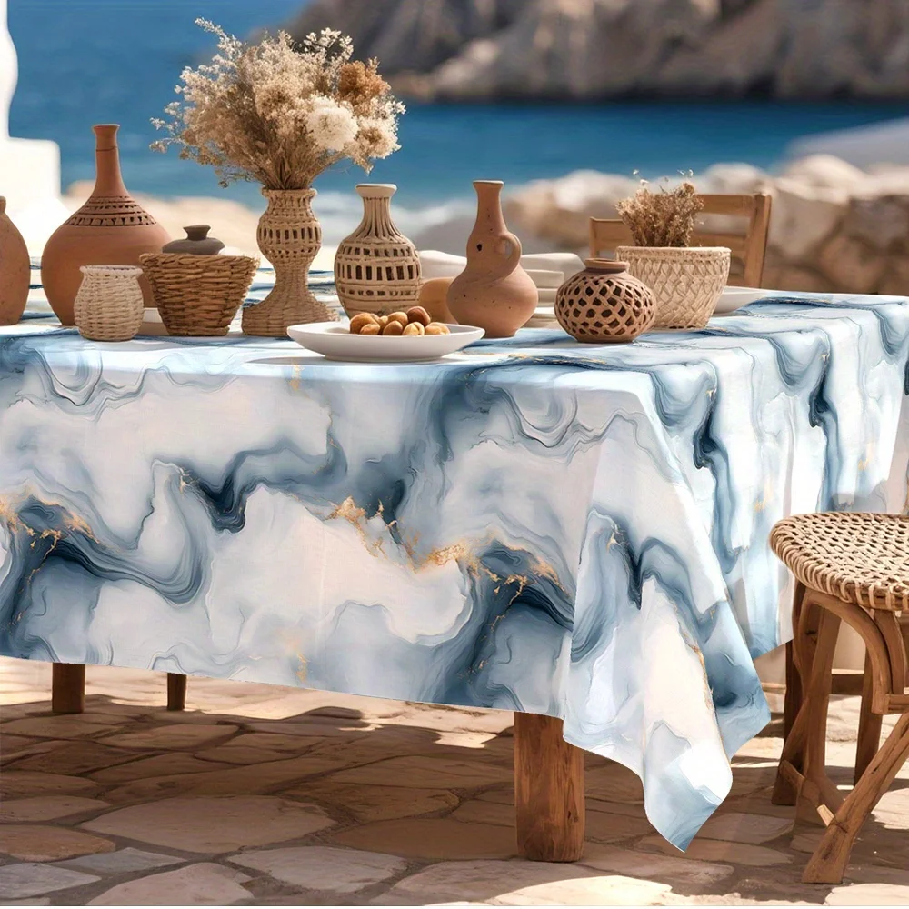 1-piece, marble wood-grain, Mediterranean style tablecloth, with white trim.