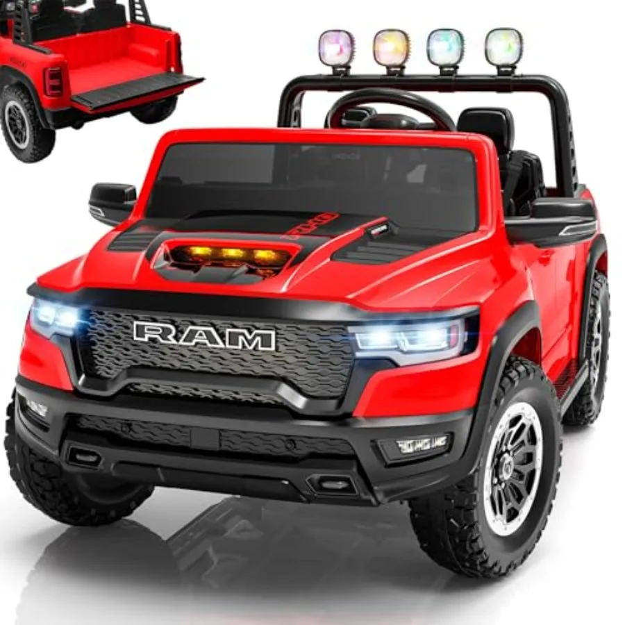 

Ride on toys for big kids, 24V electric car with RAM 1500 design, red ABS plastic body, remote control, truck bed storage, real