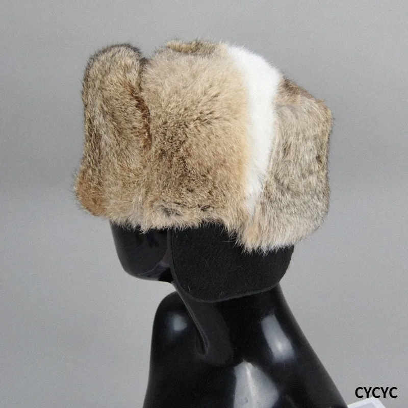 Hot Sale Men Russian Winter Rabbit Fur Bomber Hat Super Warm 100% Natural Rabbit Fur Hats Male Full Pelt Genuine Rabbit Fur Cap