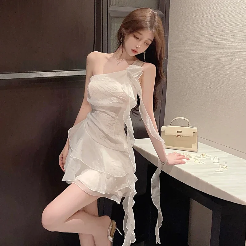 

2025 New Summer Women's Dress Sexy Fashion Suspender Short Ruffled White Diagonal Collar Backless Chiffon Dresses For Women