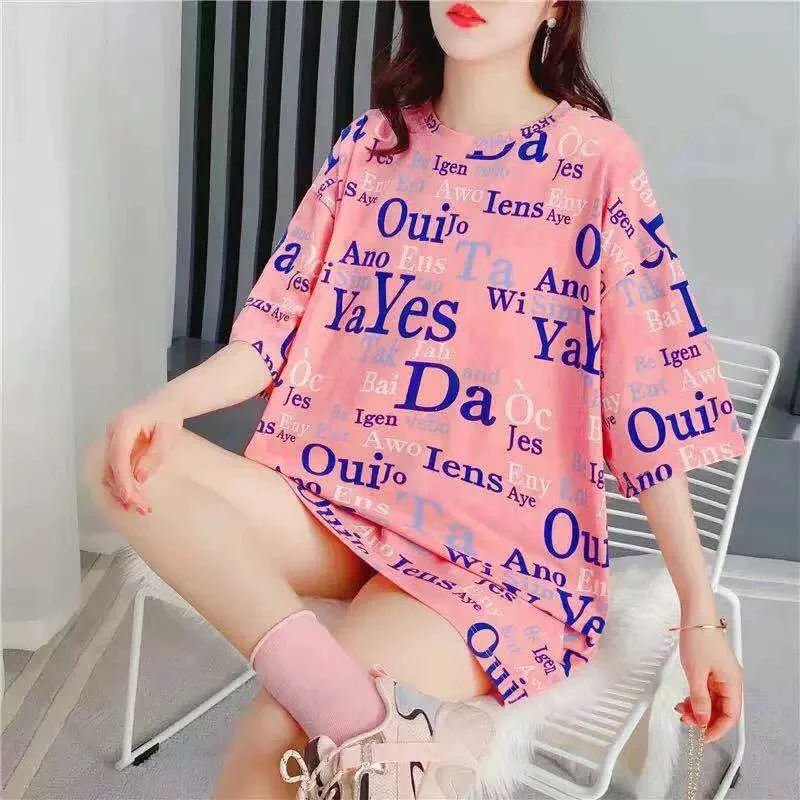 T-shirts Women Short Sleeve Tshirts Printed Plus Size 2XL Tees Womens Korean Style Tops Streetwear Summer Trendy NS5591