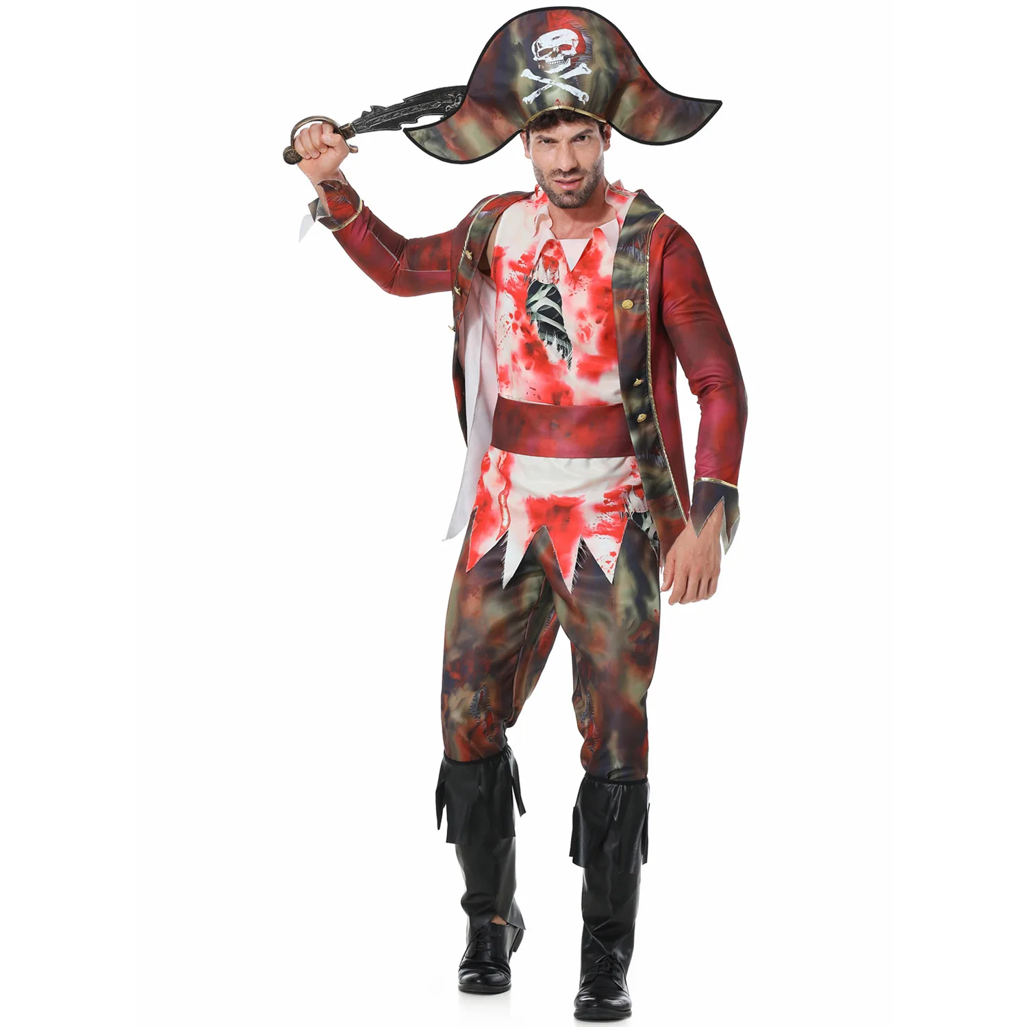 Adult Men Pirate Captain Jack Sparrow Costume Horror Bloody Zombie Vampire Costumes Halloween Purim Party Mardi Gras Fancy Dress