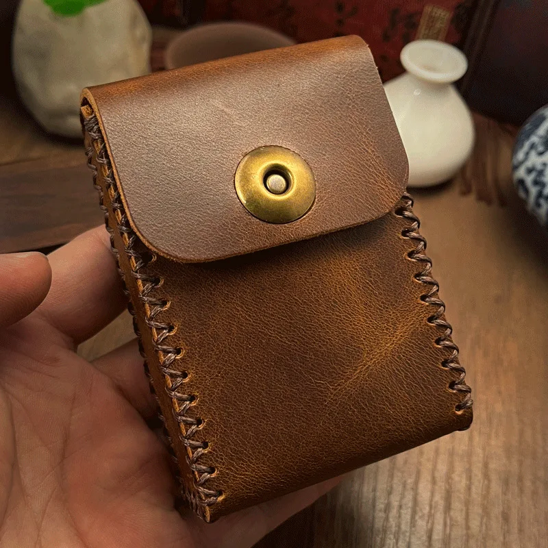 

Cigarette Case Leather Cowhide 20 Capacity Crush-Proof Holder for Soft Hard Packs, Handmade Vintage Portable Smoking Accessories