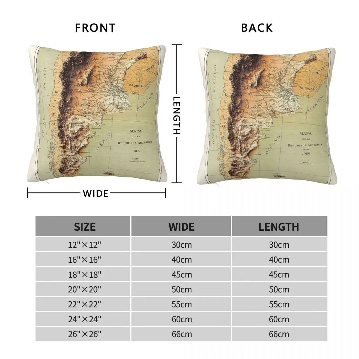 1909 Argentina Relief Map Square Pillowcase Polyester Linen Velvet Pattern Zip Decor Home Cushion Cover 45x45