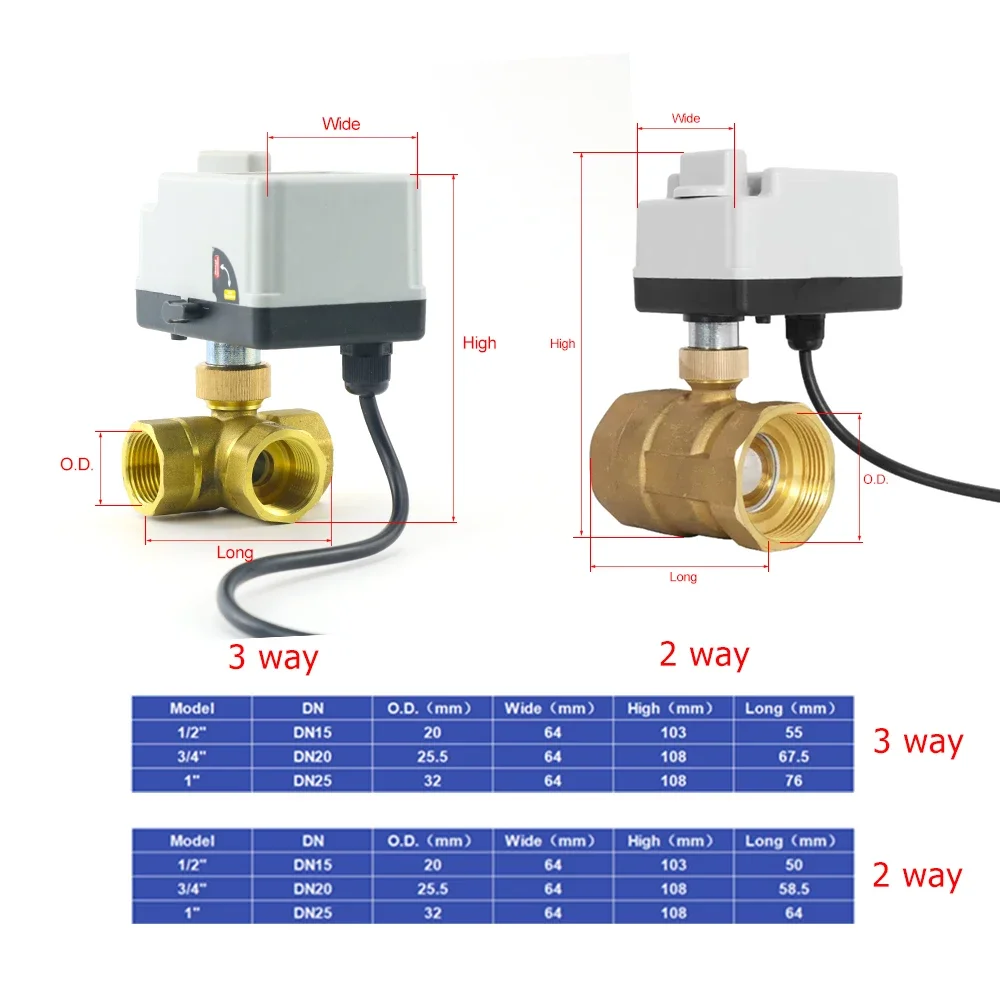 1/2'' 3/4'' 1''Brass Motorized Ball Valve DN15-DN32 Three Wire Two Control Electric Actuator with Manual Switch 220V DC12V 3 Way