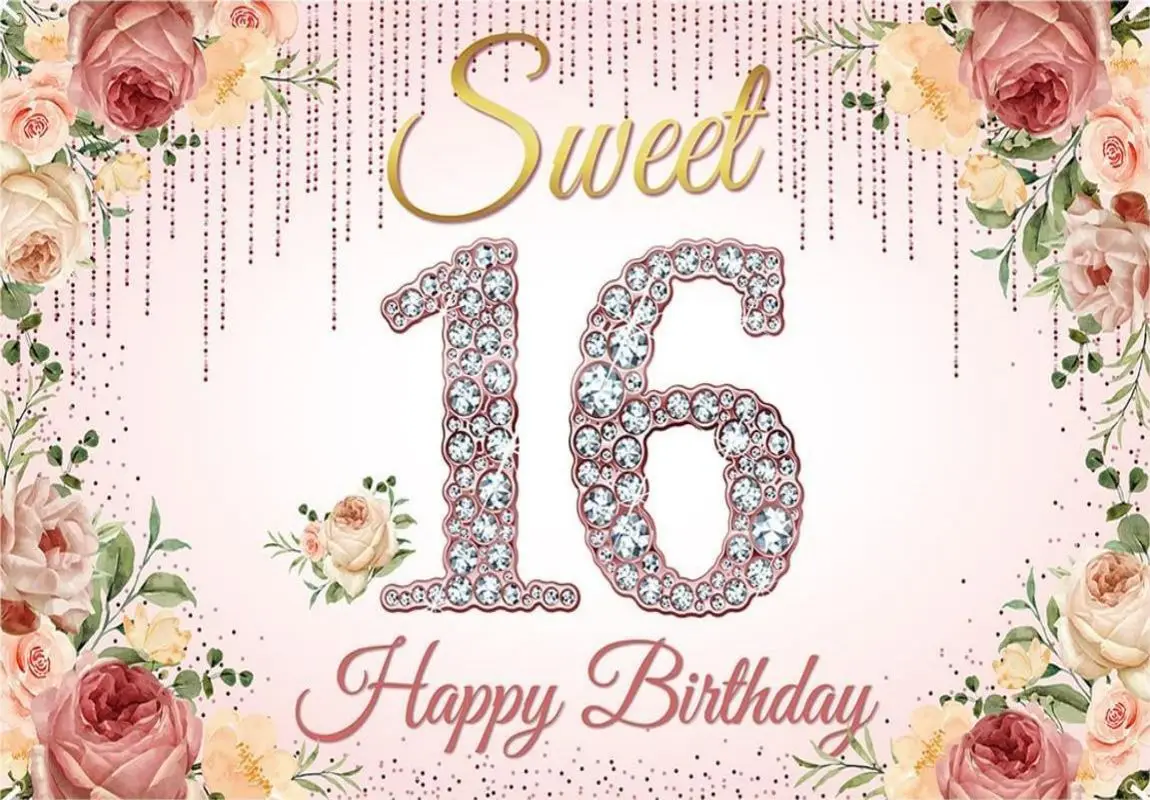 Happy 16 Birthday Decorations Rose Gold Backdrop Banner for Girls Pink Floral Sweet Sixteen Party Photography Background