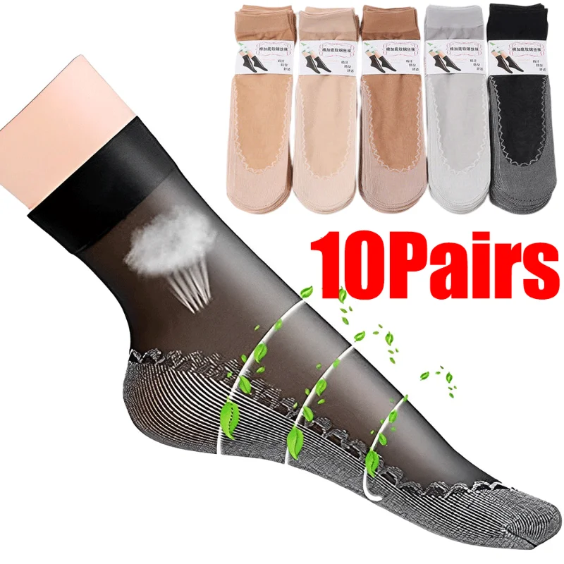 1/10Pairs Summer Women Socks Non-Slip Sweat-Absorbing Cotton Soft Thin Breathable Fashion Sexy Silk Sock Ladies Transparent Sock