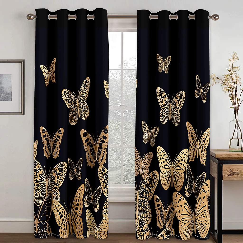 Blue Butterfly Gold Background Print Curtains 2 Panels Modern Art Vivid Butterfly Curtains Living Room Bedroom Balcony Decor