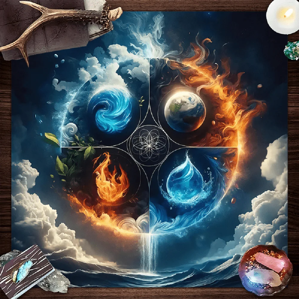 1 ud. Paño de Altar Cuadrado Sagrado Armonía Elemental, Mantel Místico para Adivinación, Paño para Lectura de Cartas, Tapete Decorativo para Mesa de Lectura