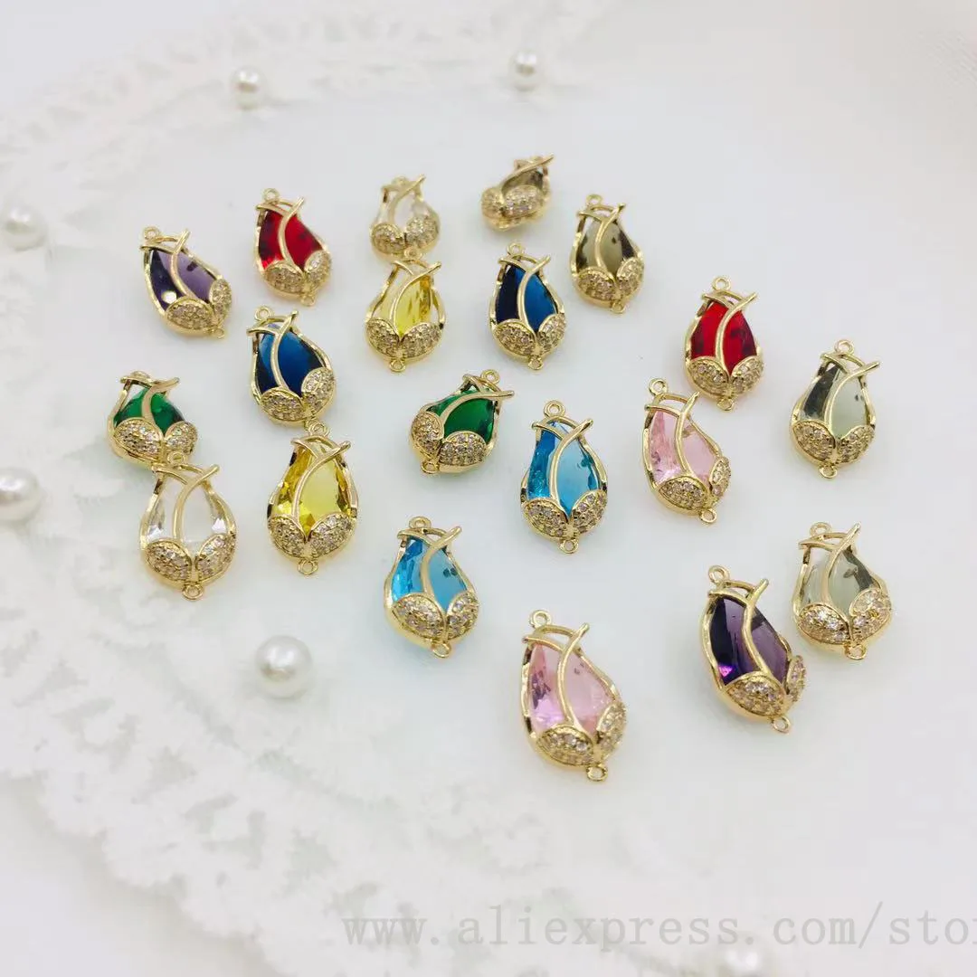 20pcs/ Bag  Fashionable Tulip Double Pendant Zircon Water Drop DIY Handmade Bracelet Earrings Necklace Accessories Materials