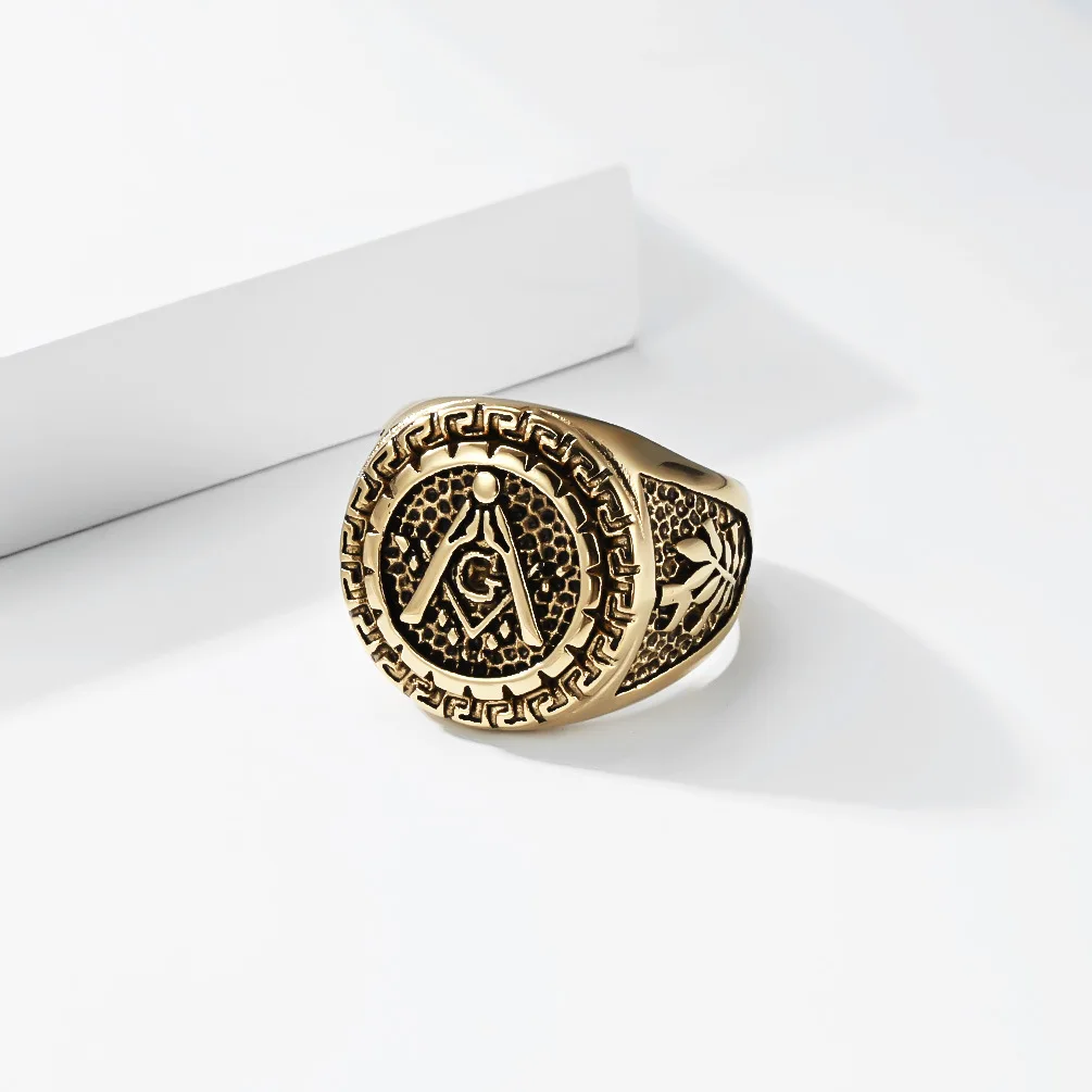 Retro Punk Style Stainless Steel Compass Angle Ruler Freemason Ring for Men Fashionable Vintage-Themed Accessory