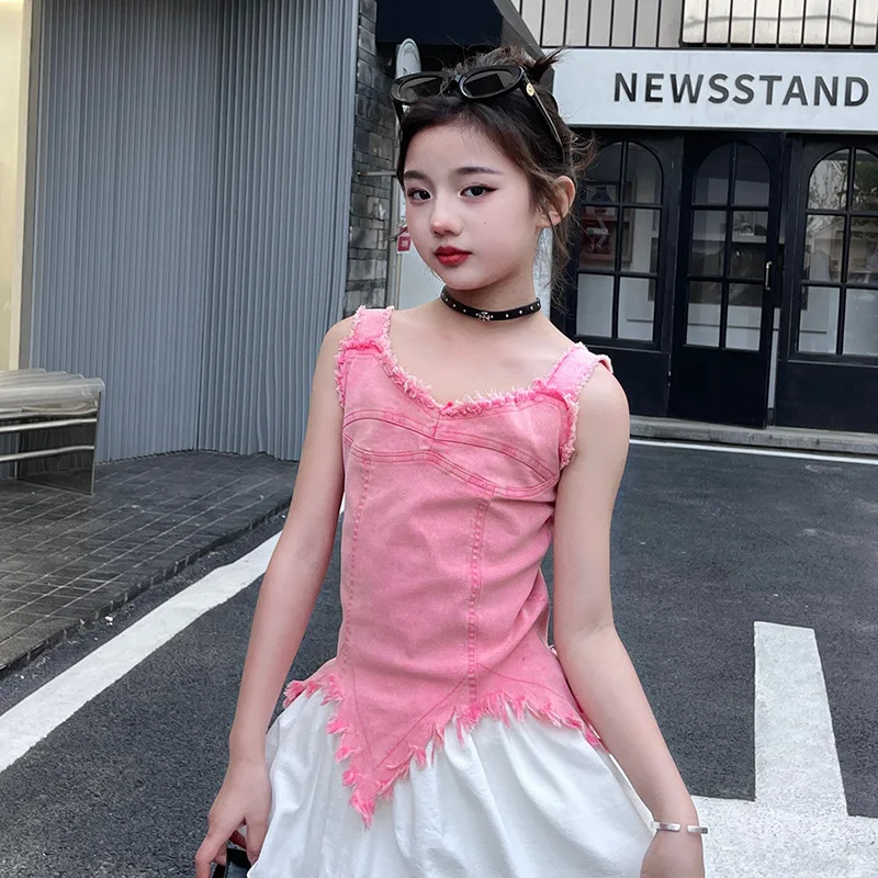 

baby girls denim vest suspender irregular hem jeans kids clothes tank top ripped tassel hip hop dance streetwear 6 to 16 years