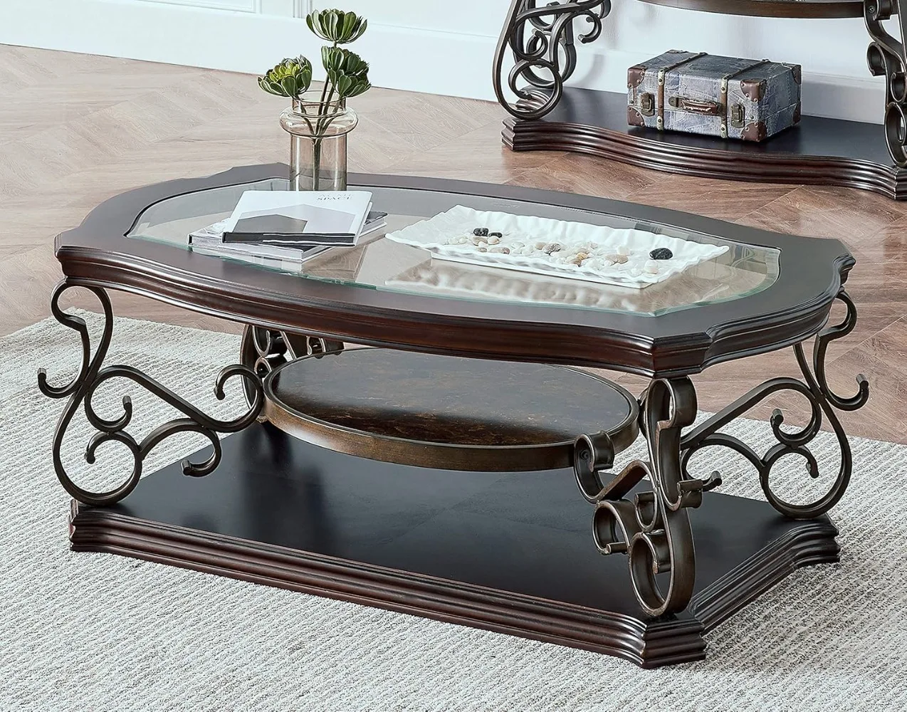 2-Tier Vintage Wooden Coffee Table Metal Legs Glass Table Top Retro for Living Room Bedroom Office Brown Cocktail Table