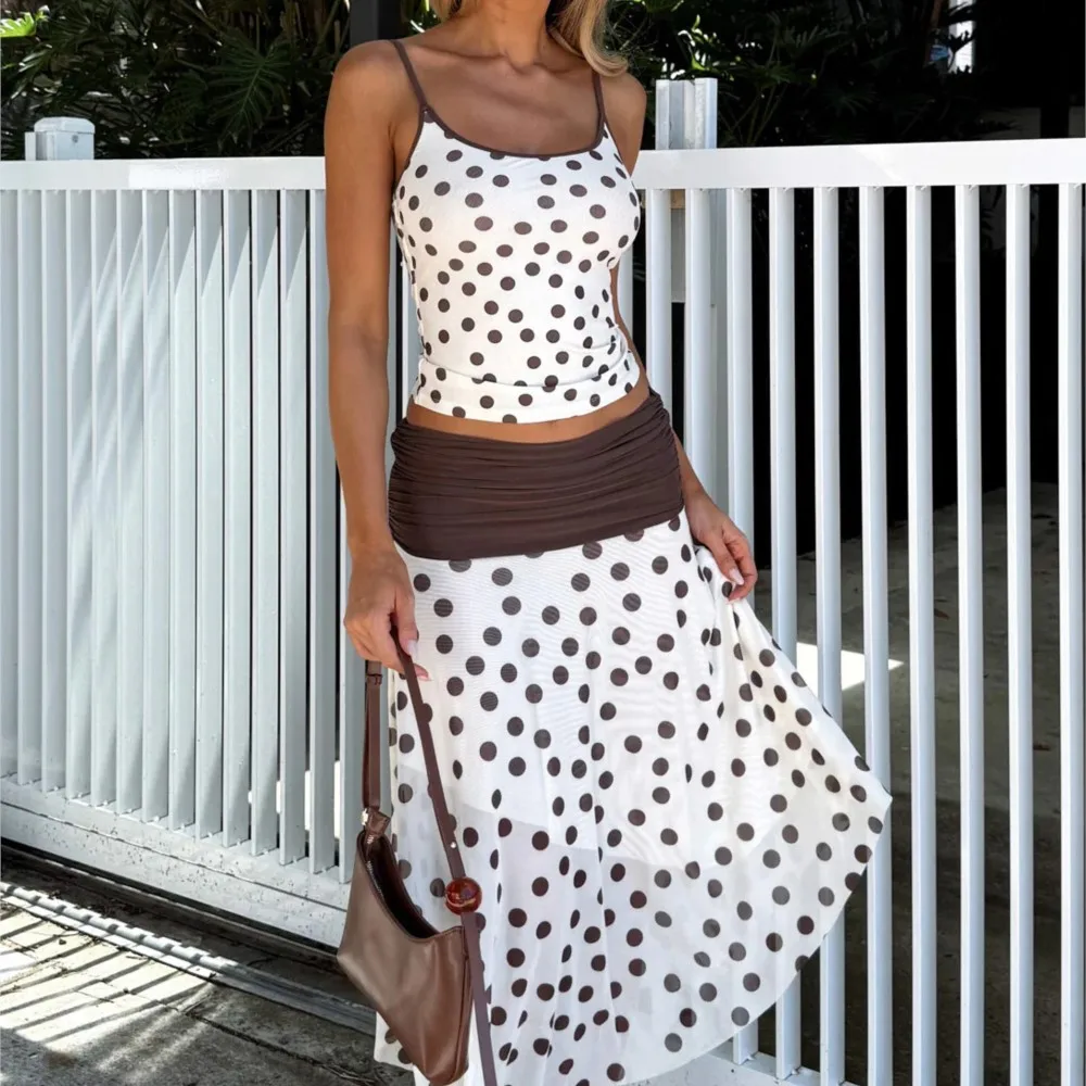 

Casual Fashion Skirt Suit Polka Dot Print Daily Beach Vacation Style Camisole Top High Waist Irregular Long Skirt Two-piece Set