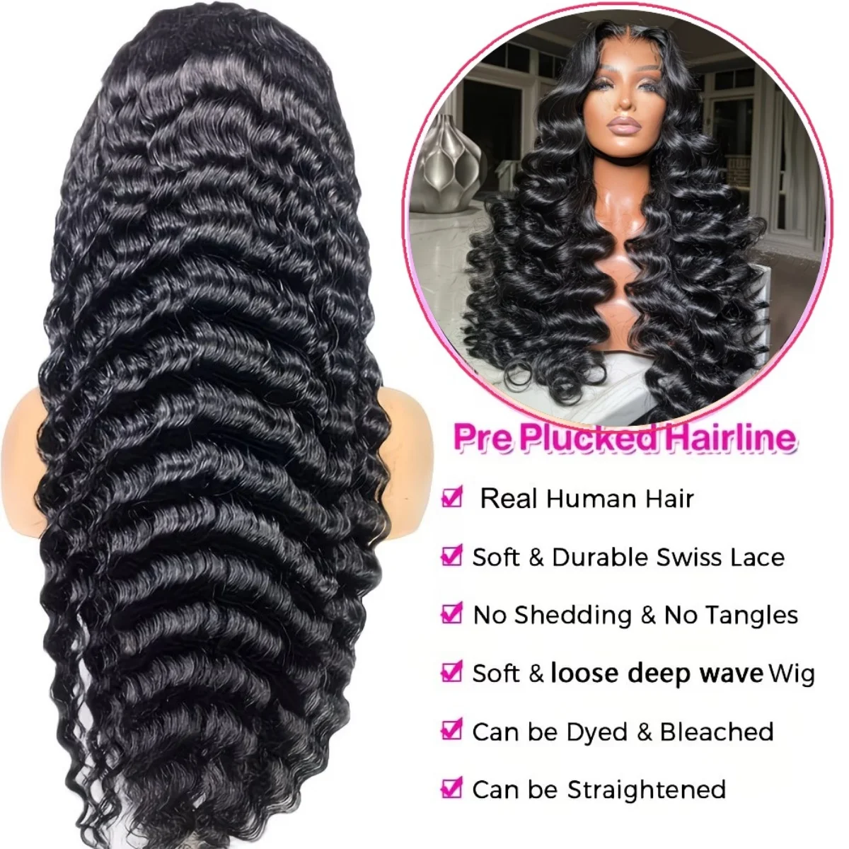 Peruca de Cabelo Humano Ondulado Profundo 13x6 HD Lace, Peruca de Cabelo Humano Cacheado Birmanês Pré-Pluckada, Perucas Frontais de Cabelo Humano para Mulheres, Perucas Frontais de Renda 13x6 Onduladas Profundas, 200% de Densidade, Perucas Frontais HD Transparentes 13x4 Pré-Pluckadas com Baby Hair, Preto Natural