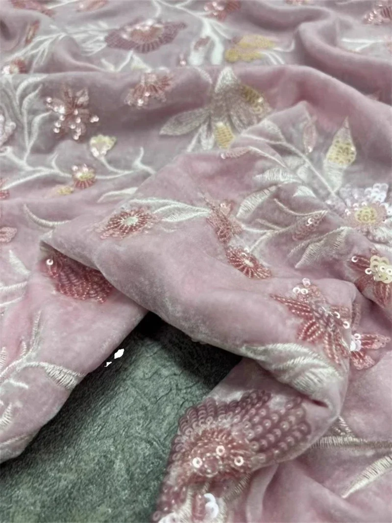 100% Silk Velvet Pink High Setting Bead Embroidered Dress Natural Silk Fabric 135 Width Handmade DIY Clothing Material By Meter