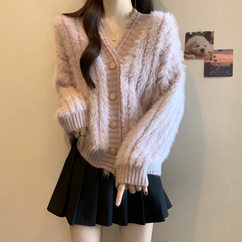 

Women's Spring Autumn New Large Size Fat MM Mink Trim Wave Edge Casual Noble Style French Style Oversized Sweater Cardigan