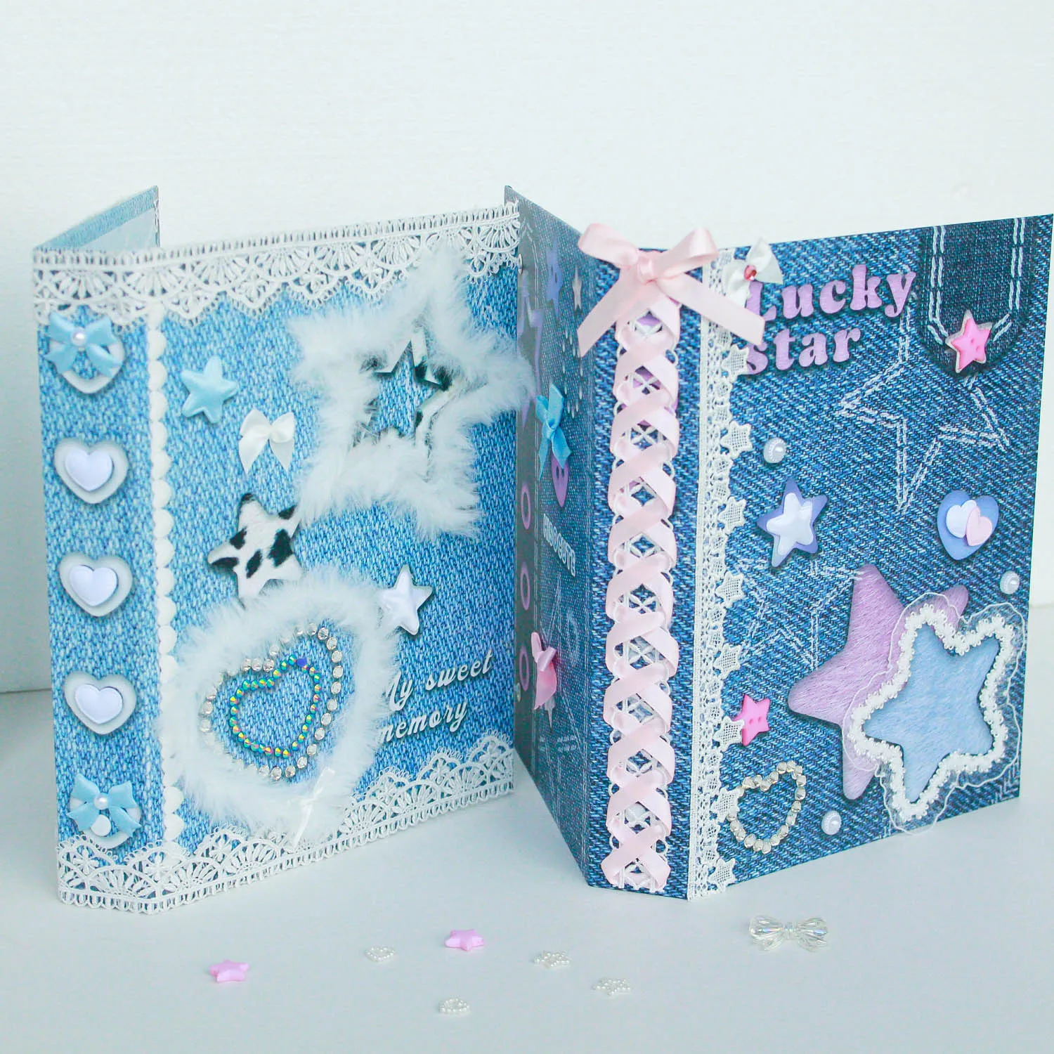 Carpeta de tarjetas A5 de diseño original, tela vaquera de felpa, cinta de álbum Kawaii Kpop, decoración de diamantes de imitación, libro Protector