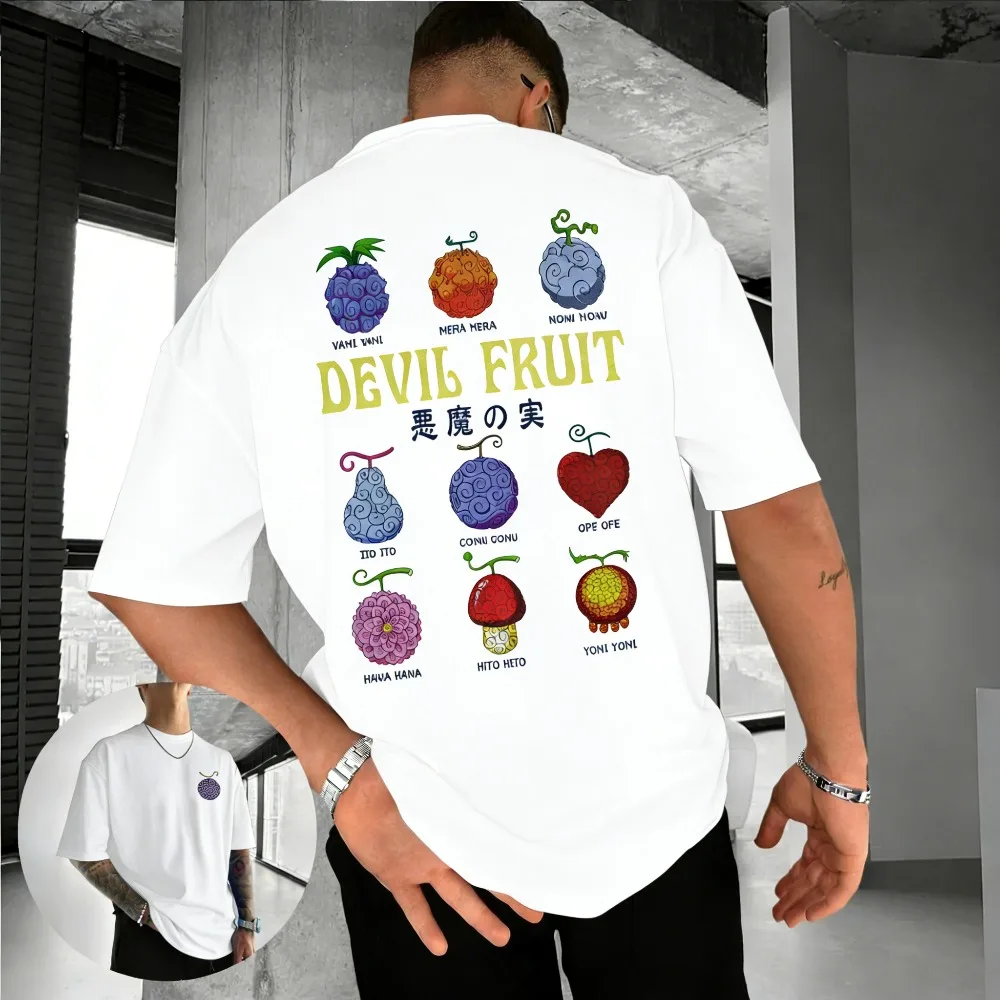 One Piece Devil Fruit Unisex T-Shirt aus reiner Baumwolle, Sommer 2026, Anime-Print, amerikanischer Oversize-Freizeit-Stil, Eltern-Kind-Kurzarmshirt