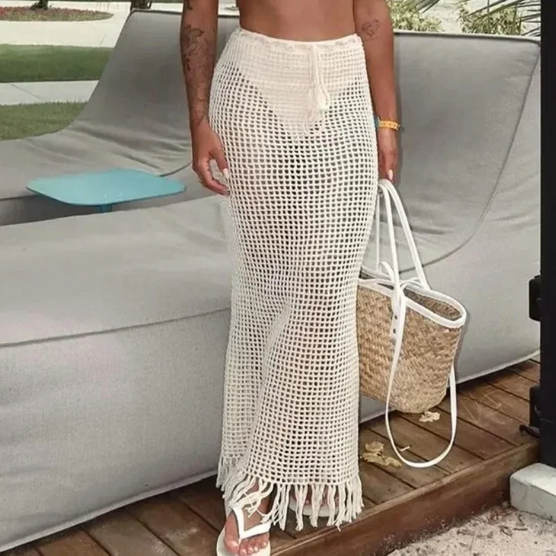 

Sexy Knit Hollow Out Beach Skirt Women Chic Drawstring Tassel High Waist Long Skirt 2025 New Casual Pool Party Swimwear Cover Up