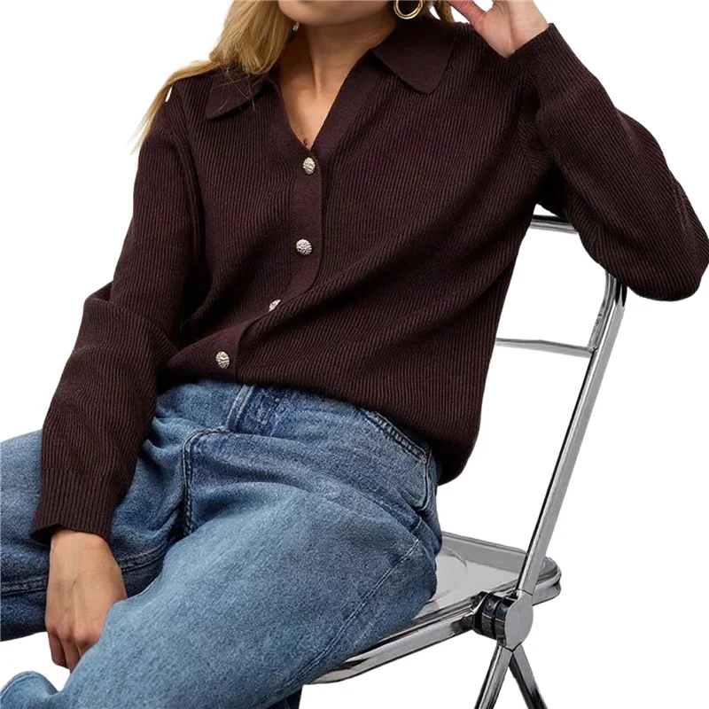 

2025 Trend Women Lapel Collar Sweater Button Up Open Front Fall Knit Jackets Cute Long Sleeve Button Down Cardigan