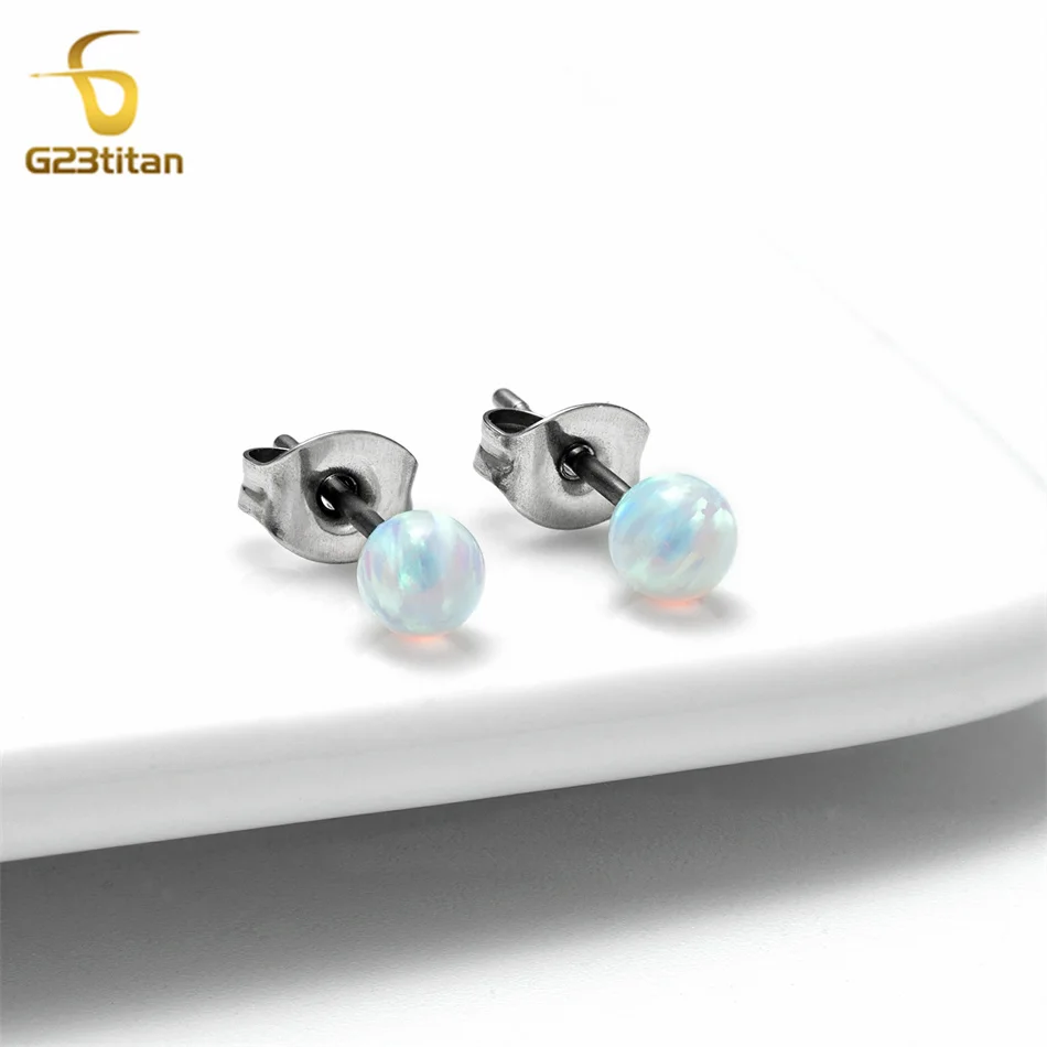 Amazing White Fire Opal Stone Earrings Hypoallergenic G23 Titanium Piercing Men Women Simple Bead Ear Stud Jewelry Accessories