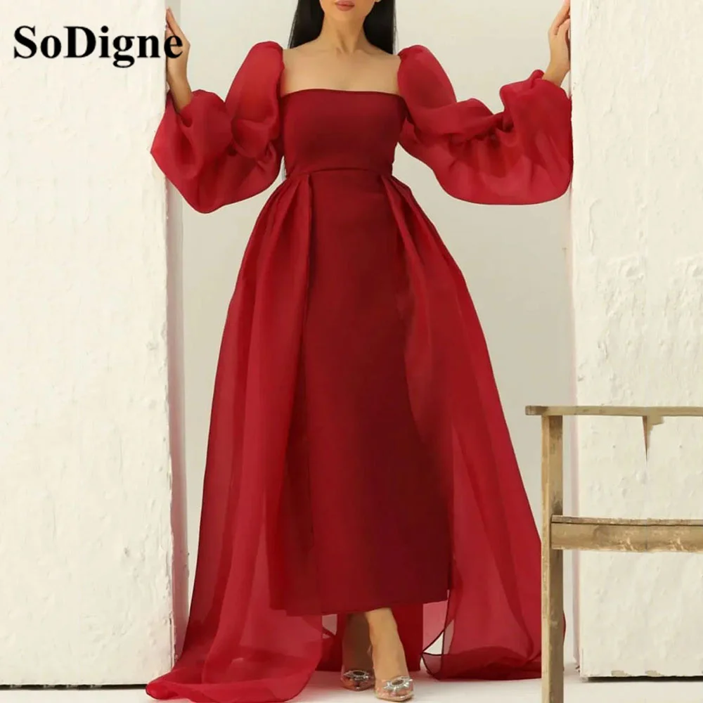 

SoDigne Red Evening Dresses Puff Sleeves Elastic Satin Wedding Guest Gown Women Party Wear With Detachable Train Prom Dress