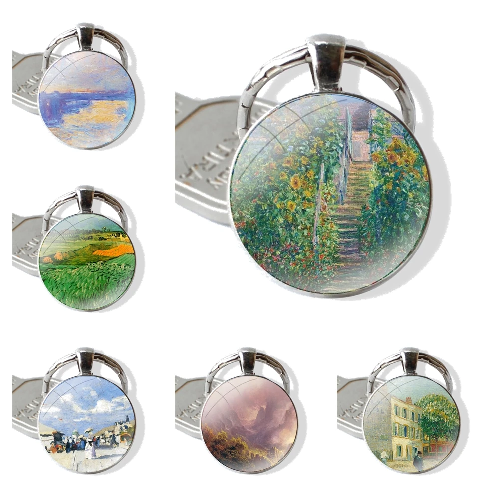 Claude Monet Classic Oil Painting Keychain Glass Cabochon Metal Pendant Classic Men's Women's Keyring