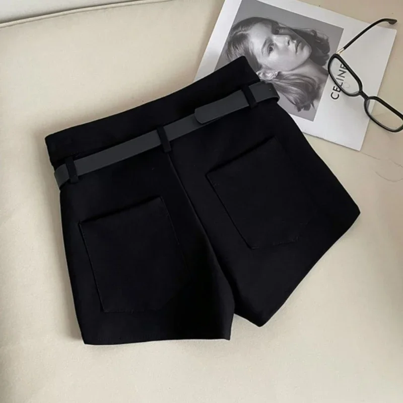 Black Above Knee Shorts Women High Waist Hot Girls with Belt Y2k Clothes Temper Trouser Korean Casual Vintage Minimalist Шорты