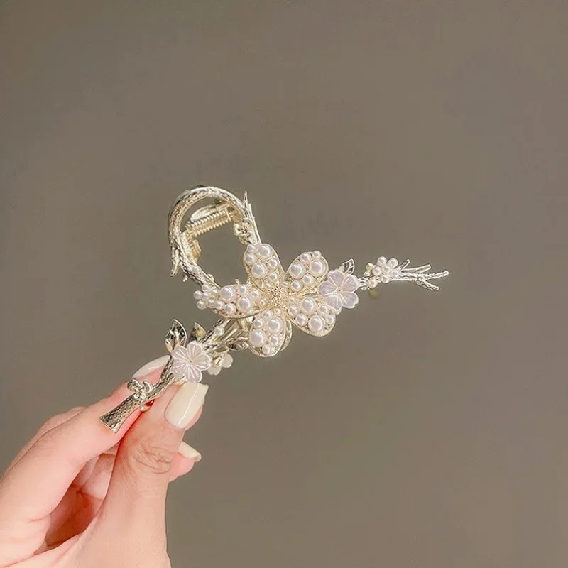 

New Korean Women Hair Claw Hair Clip Pearl Branch Flower Rhinestone Large Grab High-end Luxury Headwear Hair Accessories