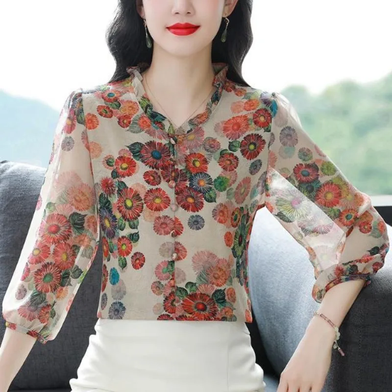 2024 Spring Summer Shirts Women's V-neck Fashion Commute Printed Button Ruffled Loose Lantern 3/4 Sleeve Elegant Chiffon Blouses